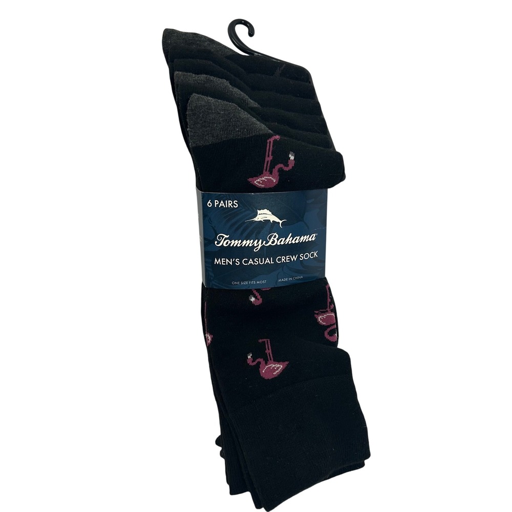 Tommy Bahama Mens 6 Pair Crew Socks Black Flamingo Palm Tree Marlin One Size